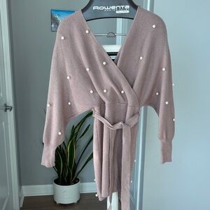 San Joy Pearl-Embellished Sweather Dress